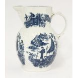 A Worcester cabbage leaf and mask Jug,c.1780, the moulded body printed with the 'Fisherman and