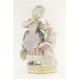 A Meissen Figure,a lady standing beside a column, holding an arrow, after the original by Acier,