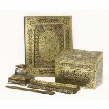 A boulle five-piece desk set,c.1900, comprising: blotter, stationery box, inkwell, pen tray and