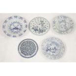 Two Delft blue and white Dishes,mid 18th century, all with Chinese figures,26cm diameter,another