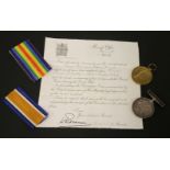 Casualty medals, a WW1 pair to Pte H Heskey, Oxf & Bucks LI 26303, unworn, with award letter dated