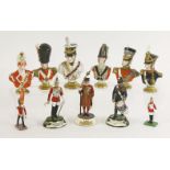 Six Rudolstadt Volkstedt porcelain busts of soldiers, each inscribed with title, tallest 12cm, and