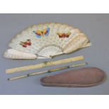 A bone and painted paper fan, decorated with butterflies, 20cm high, in original box, and two