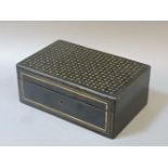 A Victorian ebonised brass and mother of pearl inlaid sewing box, with a fitted interior, mother