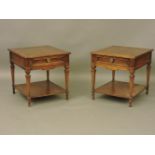 Two modern side tables, with single drawers on tiered bases, and two Victorian chairs