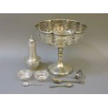 A silver caster, engine turned decoration, two silver bowls with pierced decoration, a silver plated