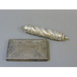 An Indian silver scroll holder, 18cm long, and a cigarette case, 13cm