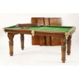 A late Victorian oak Riley snooker/dining table, complete with balls, scoreboard and triangle, 162 x