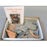 A box of Roman pottery shards, excavated from the Bromley Hall site, Much Hadham, Hertfordshire