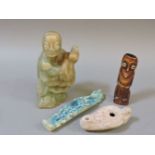A Chinese soapstone figure 15.5cm, a ushabati 15cm, a clay lamp 10cm, and an African pipe, 11.2cm