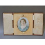 W Hurst, RWSPORTRAIT OF A LADY WEARING A BLUE DRESSOval, in a leather easel back case12.5 x 10.5cm