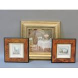 Two miniature watercolours, depicting Continental cathedrals, each 4 x 5.5cm, framed, and a print