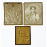 Three lithophanes, figures outside a cottage, 13 x 11cm, a portrait of a lady, 13.5 x 11cm, and a