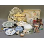 A box of assorted miscellaneous ceramics, three watches, and a fountain pen