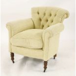 A Victorian oak roll top open armchair, with buttoned upholstery