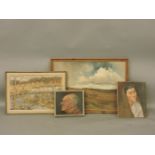 Oil paintings, including two landscapes, two portraits, Delia Massey, etc