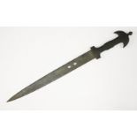 An Indian short sword, with a wooden handle, the blade with all over calligraphy and two oval holes,