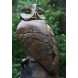 *David Meredith (b.1973)'OWL LOOKING BACKWARDS'Bronze, variegated brown patination, signed and