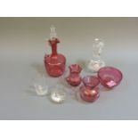 A collection of Victorian cranberry glass ware, and Mary Gregory painted items