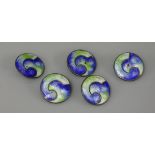 Five Arts and Crafts blue and green enamel buttons, marked sterling silver