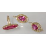 A Russian gold synthetic ruby ring and earrings matched suite, marked for 0.583 standard