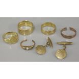 Two 18ct gold wedding rings, a gold wedding ring marked 18ct, a 9ct gold ring, damaged, another gold