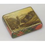 A Mauchline tartan snuff box, with painted landscape scene, signed Roslin