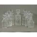 Nine various glass decanters and stoppers, including two pairs, tallest 25cm