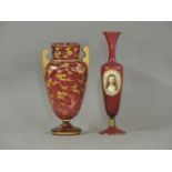 A Victorian cranberry glass vase, print/painted with a portrait of a lady, and another slender vase,