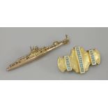 A gold submarine bar brooch, marked 9ct, and a gold turquoise and enamel brooch