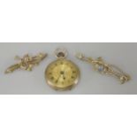 A Victorian gold sapphire and seed pearl brooch, marked 9ct with a safety chain, a gold heart and