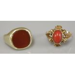 A gold cornelian signet ring, marked 585, and a single stone coral ring marked 585