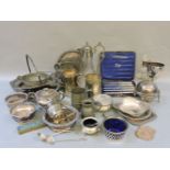 19th century and later silver plate, to include a claret jug, wine bottle coasters, salvers, tea