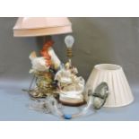 Two pottery table lamps and shades, cockerels, 40cm high, and a glass wall lustre light