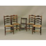 A set of four 18th century ladderback chairs, and a small three tier mahogany whatnot