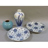 A cut down 'Robin's Egg' vase, a Japanese vase, and two blue and white dishes