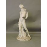 A composition figure of Bacchus, a satyr seated at his legs, painted white, the left arm damaged,