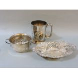 A silver christening cup, ? for Newcastle, small silver porringer, and bon bon dish