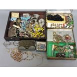 A quantity of costume jewellery, including several pairs of antique glasses, and a 9ct gold hat pin