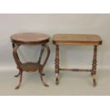 A Victorian walnut stretcher table, with chess board top, a circular inlaid mahogany table, an