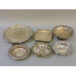 A silver card tray, Armada dish, and four other silver dishes