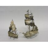 A Dutch silver galleon, import marks, and a Chinese galleon, tallest 14cm