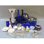 A collection of mixed Bristol blue glass, a Victorian cut glass bowl and lustre with lava