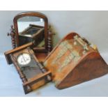 A Victorian wall clock, a mahogany toilet mirror, and a Victorian walnut and brass mounted coal