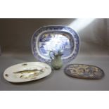 A Minton fish plate, a 19th century Willow pattern draining dish, a large Willow pattern meat plate,