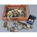 A jewellery box and contents, including a gold swivel fob, silver rings, etc