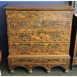 A walnut and burr wood chest on stand, of two short and three long graduated drawers over a single