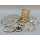 Silver items, to include two dressing table jars, a sterling cigarette case, etc