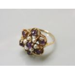 A 9ct gold amethyst and split cultured pearl cluster ring, surrounded with a twisted rope