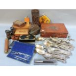 A plated Kings pattern flatware service, a carved bamboo brush pot, a vintage wooden fishing reel,